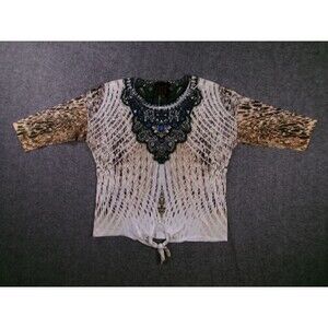 French Blue Top Womens PL Embellished Beaded Tie Front Knot Y2K Boho Beige